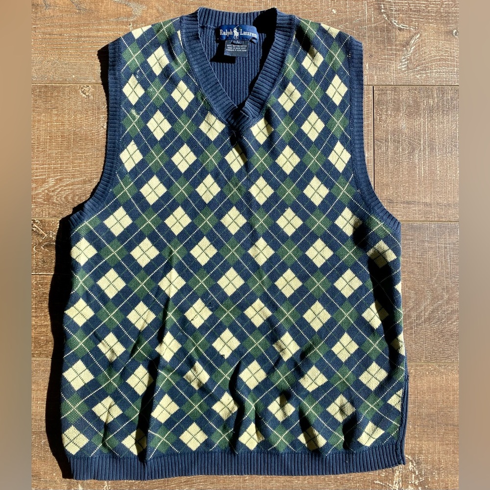 Vintage Ralph Lauren plaid sweater vest. Size large. Good condition. 1990s.
